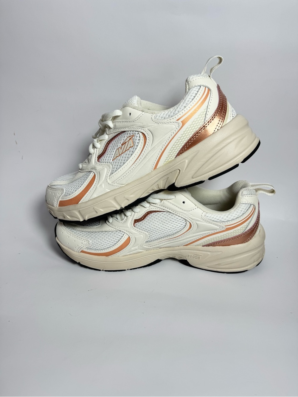 Avia Women's White Sneakers with Rose Gold and Peach Accents